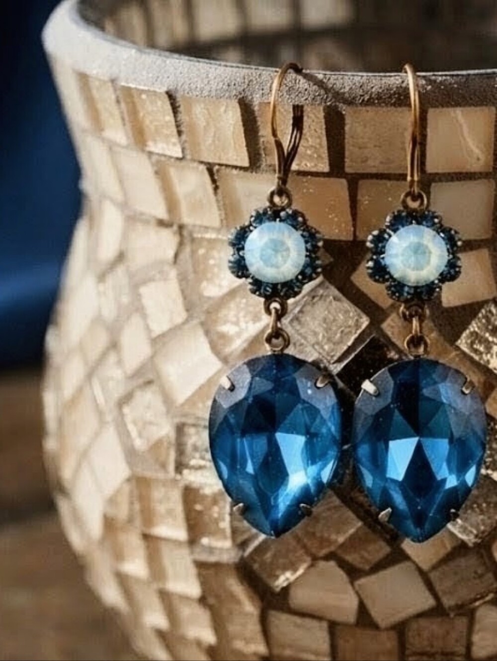 Ocean Blue Green & Mint Flower Swarovski Crystal In Brass Earrings